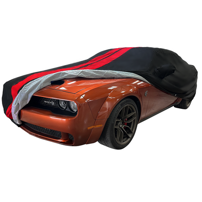 2008-2023 Dodge Challenger Ultraguard Plus Car Cover - 300D Indoor/Outdoor Protection - Black with Red Stripes
