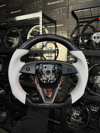 Carismo Steering Wheel For Tesla Model 3 (2023 Facelift) - Sport (Heated) - Gloss Carbon - White Smooth Leather