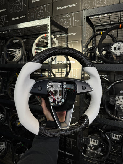 Carismo Steering Wheel For Tesla Model 3 (2023 Facelift) - Sport (Heated) - Gloss Carbon - White Smooth Leather