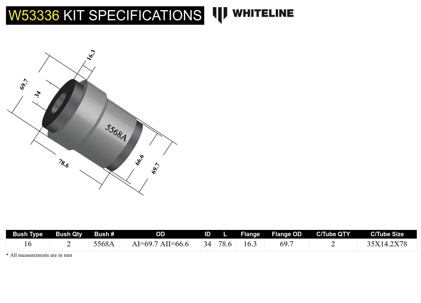 Whiteline Front Lower Control Arm Inner Bushing 2005-2023 Challenger/Charger