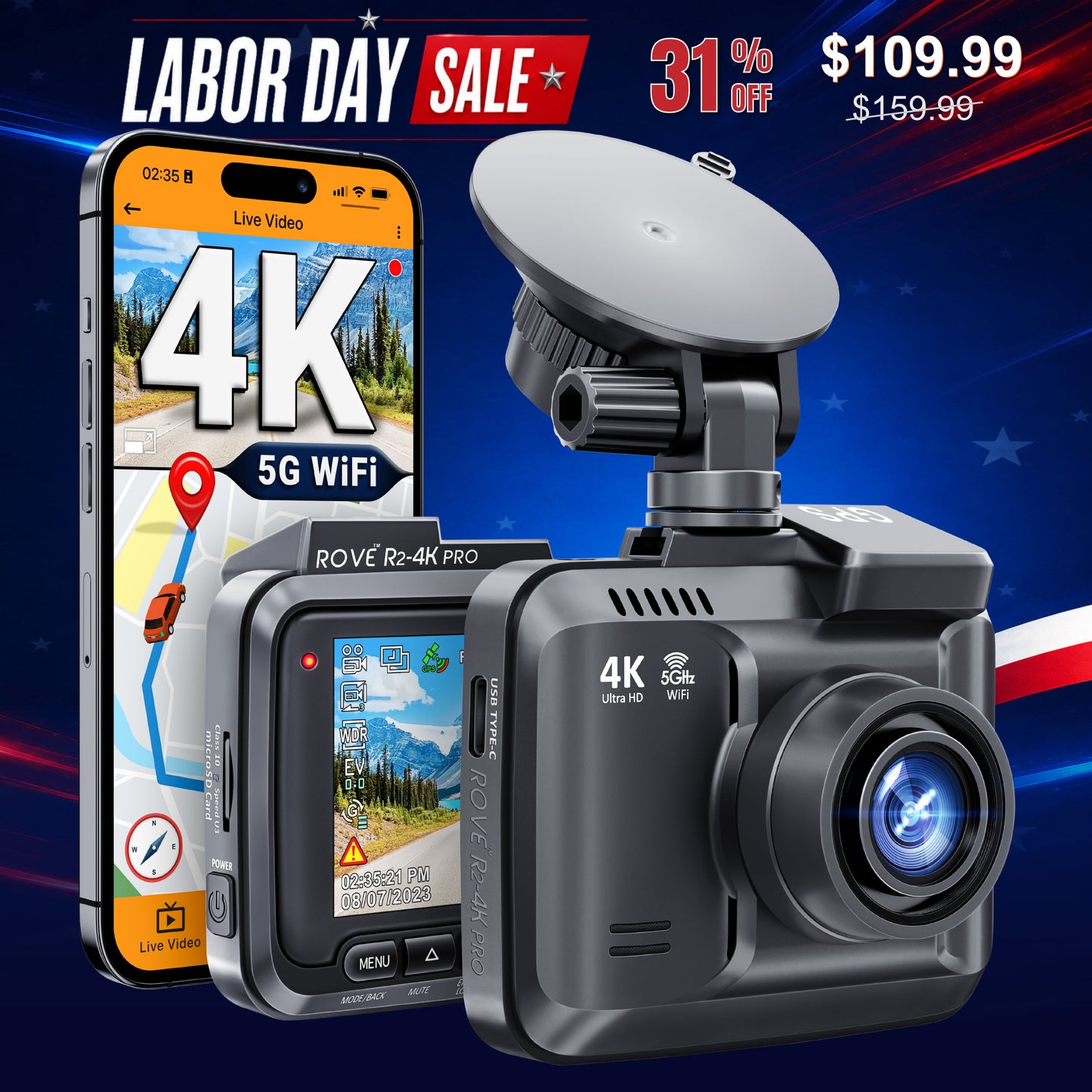 ROVE R2-4K PRO Dash Cam, Built-in GPS, 5G WiFi Dash Camera for Cars, 2160P UHD 30fps Dashcam with APP, 2.4" IPS Screen, Night Vision, WDR, 150° Wide Angle, 24-Hr Parking Mode, Supports 512GB Max