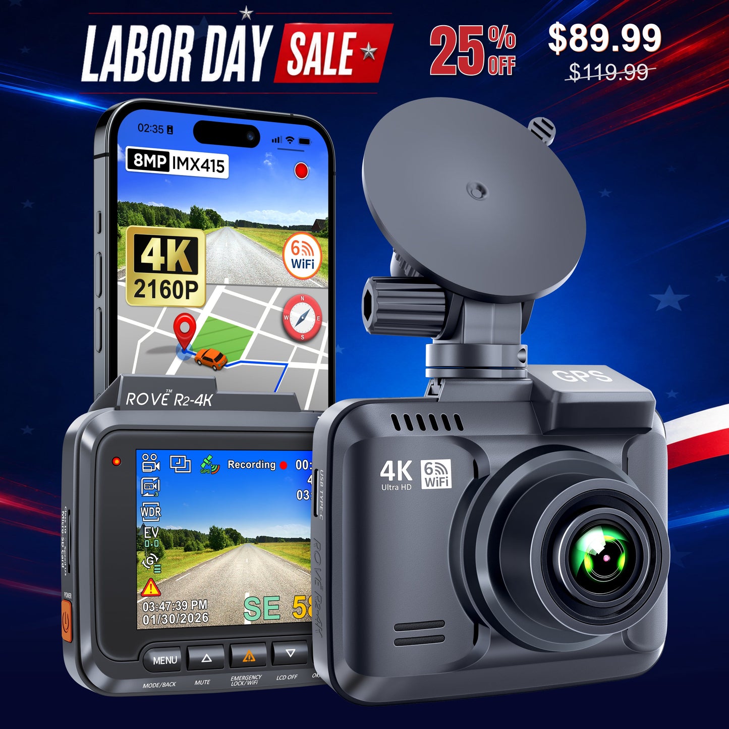 ROVE R2-4K Dash Cam 4K Ultra HD 2160P Car Dashboard Camera Built In Wi-Fi 6 & GPS