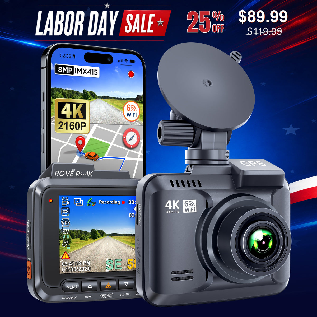 ROVE R2-4K Dash Cam 4K Ultra HD 2160P Car Dashboard Camera Built In Wi-Fi 6 & GPS