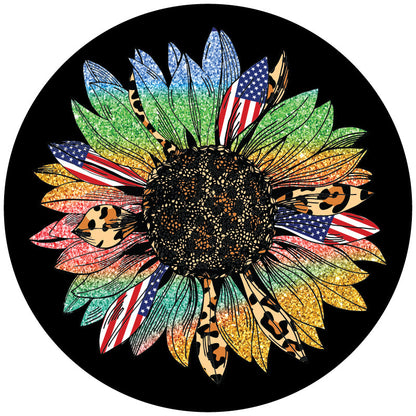 Sunflower Gone Wild - Cheetah Print, Rainbow Sparkles, American Flag Bronco Spare Tire Cover
