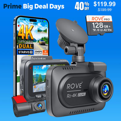 ROVE R2-4K DUAL Dash Cam Front and Rear, 4K Upscaled + 1080P,  STARVIS 2 Sensor, FREE 128GB Card Included, 5.8GHz WiFi