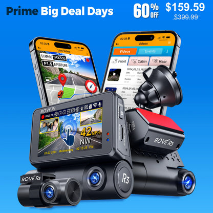 ROVE R3, 3 Channel Touch Screen Dash Cam with Built-in Dual-Band 5GHz WiFi, Built-in GPS, 24 Hr Parking Monitor, Super Capacitor, WDR, G-Sensor, Night Vision