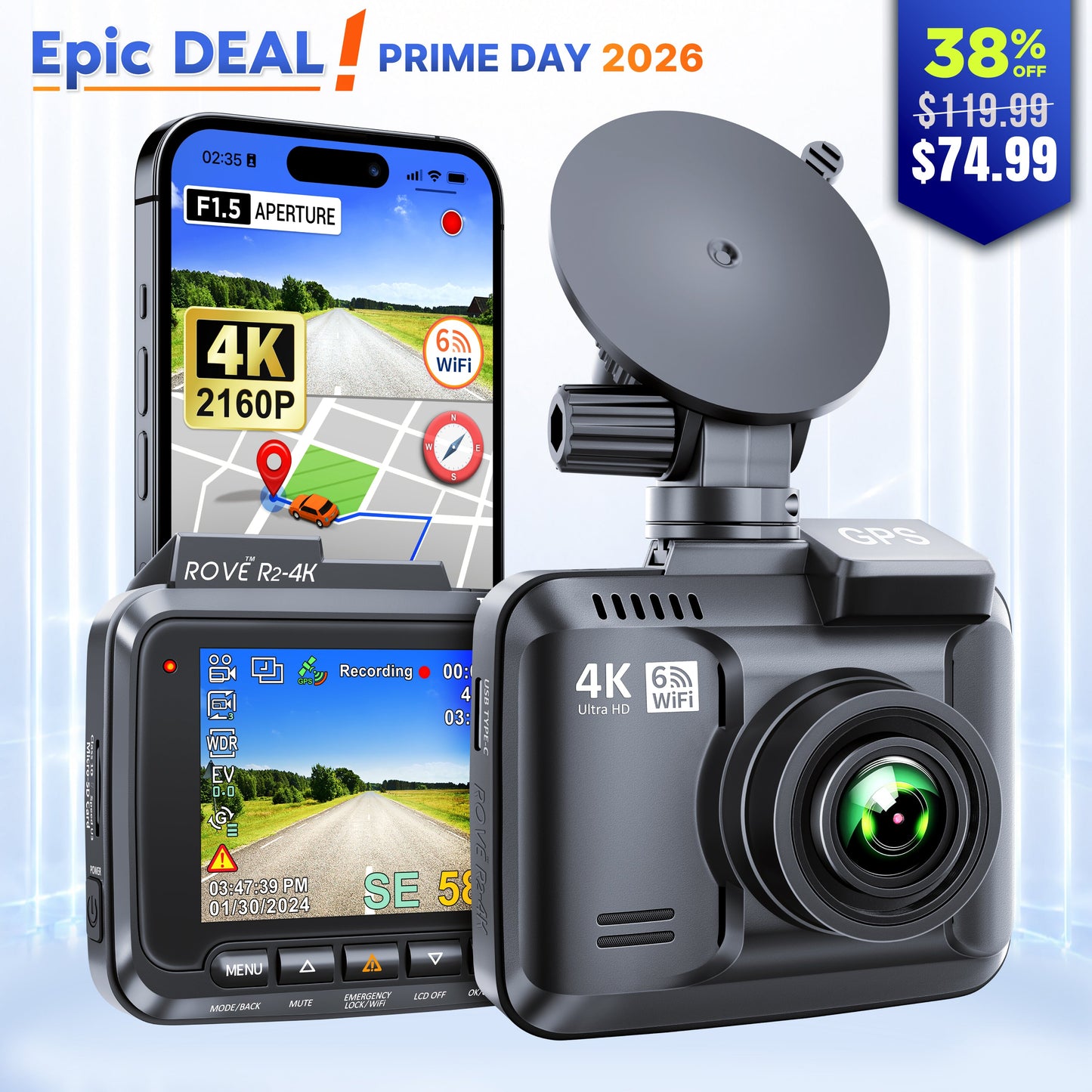 ROVE R2-4K Dash Cam 4K Ultra HD 2160P Car Dashboard Camera Built In Wi-Fi 6 & GPS