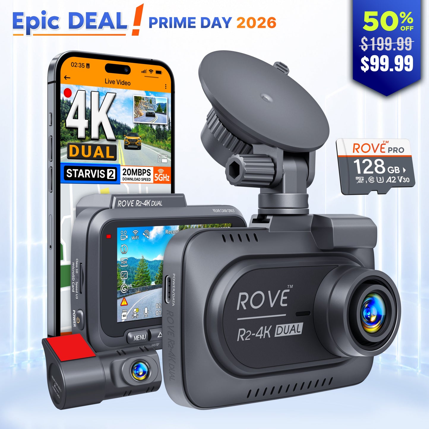 ROVE R2-4K DUAL Dash Cam Front and Rear, STARVIS 2 Sensor, FREE 128GB Card Included, 5G WiFi