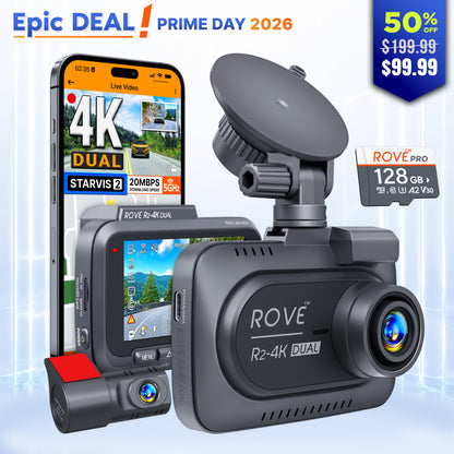 ROVE R2-4K DUAL Dash Cam Front and Rear, STARVIS 2 Sensor, FREE 128GB Card Included, 5G WiFi