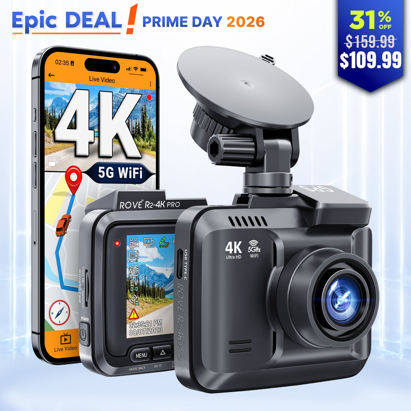 ROVE R2-4K PRO Dash Cam, Built-in GPS, 5G WiFi Dash Camera for Cars, 2160P UHD 30fps Dashcam with APP, 2.4" IPS Screen, Night Vision, WDR, 150° Wide Angle, 24-Hr Parking Mode, Supports 512GB Max