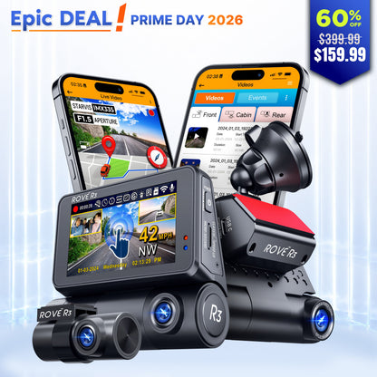 ROVE R3, 3 Channel Touch Screen Dash Cam with Built-in Dual-Band 5GHz WiFi, Built-in GPS, 24 Hr Parking Monitor, Super Capacitor, WDR, G-Sensor, Night Vision