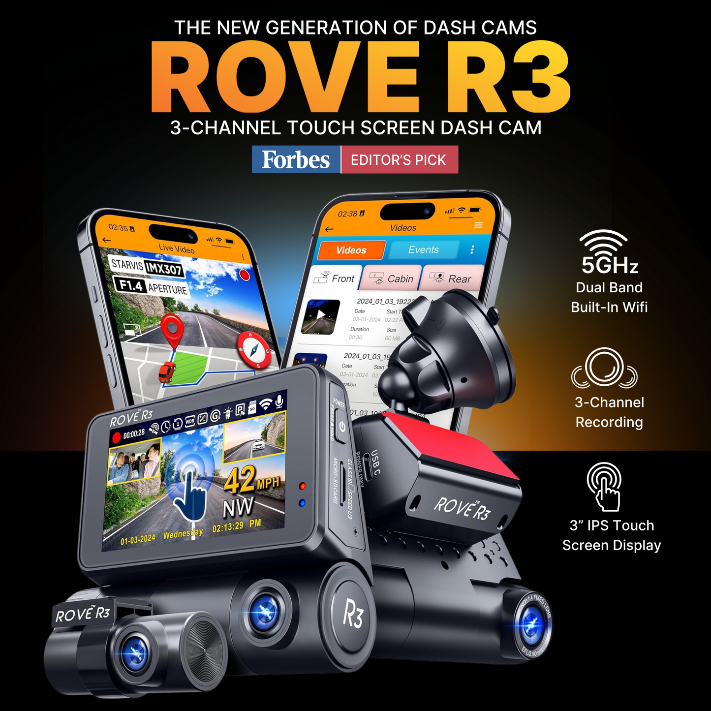 ROVE R3, 3 Channel Touch Screen Dash Cam with Built-in Dual-Band 5GHz WiFi, Built-in GPS, 24 Hr Parking Monitor, Super Capacitor, WDR, G-Sensor, Night Vision