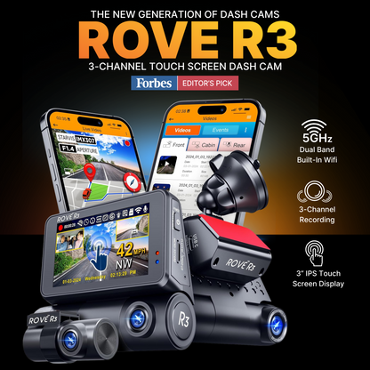 ROVE R3, 3 Channel Touch Screen Dash Cam with Built-in Dual-Band 5GHz WiFi, Built-in GPS, 24 Hr Parking Monitor, Super Capacitor, WDR, G-Sensor, Night Vision