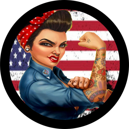 Rosie the Riveter Distressed American Flag Bronco Spare Tire Cover