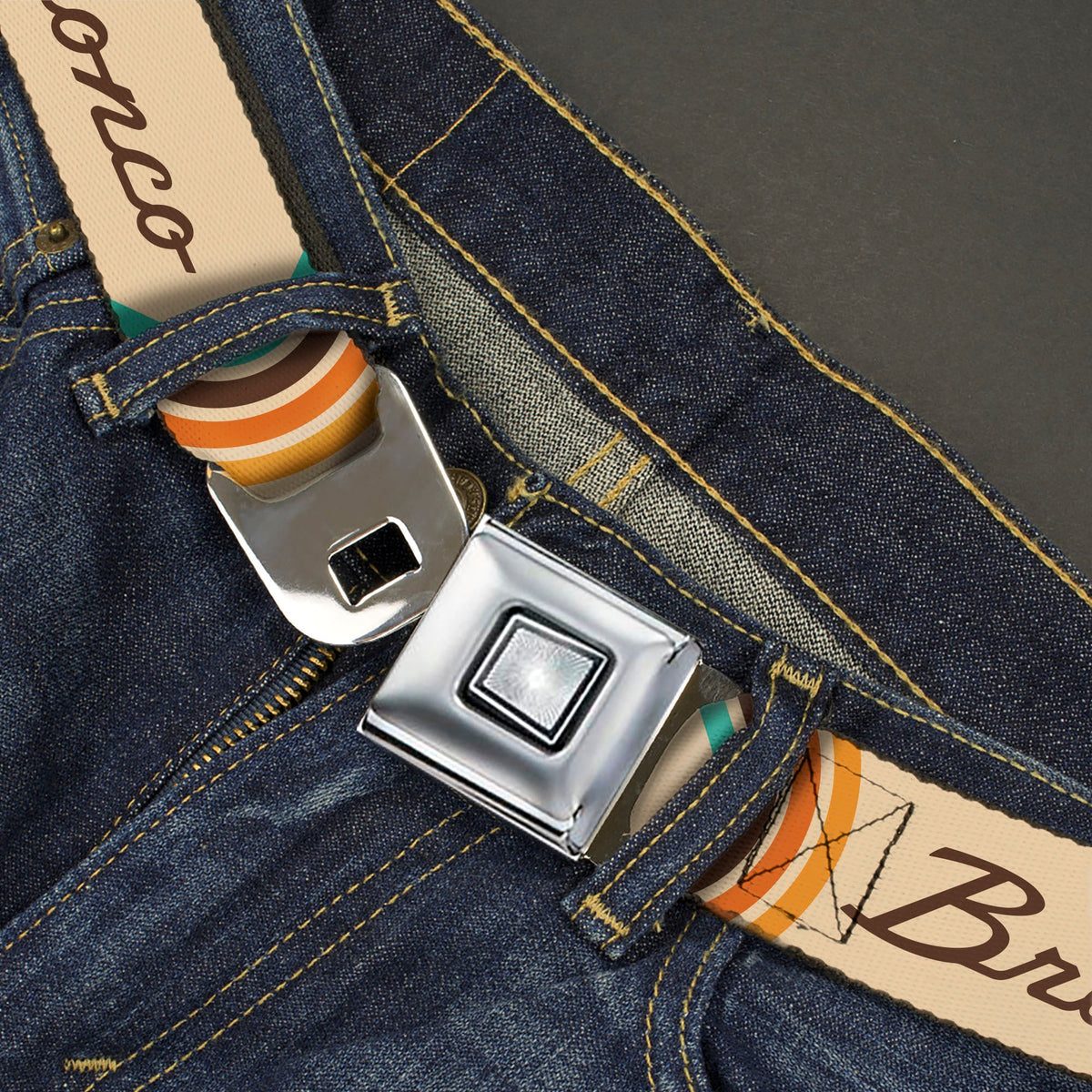 Starburst Seatbelt Belt - Ford BRONCO Script Beige/Brown/Blue/Orange Webbing