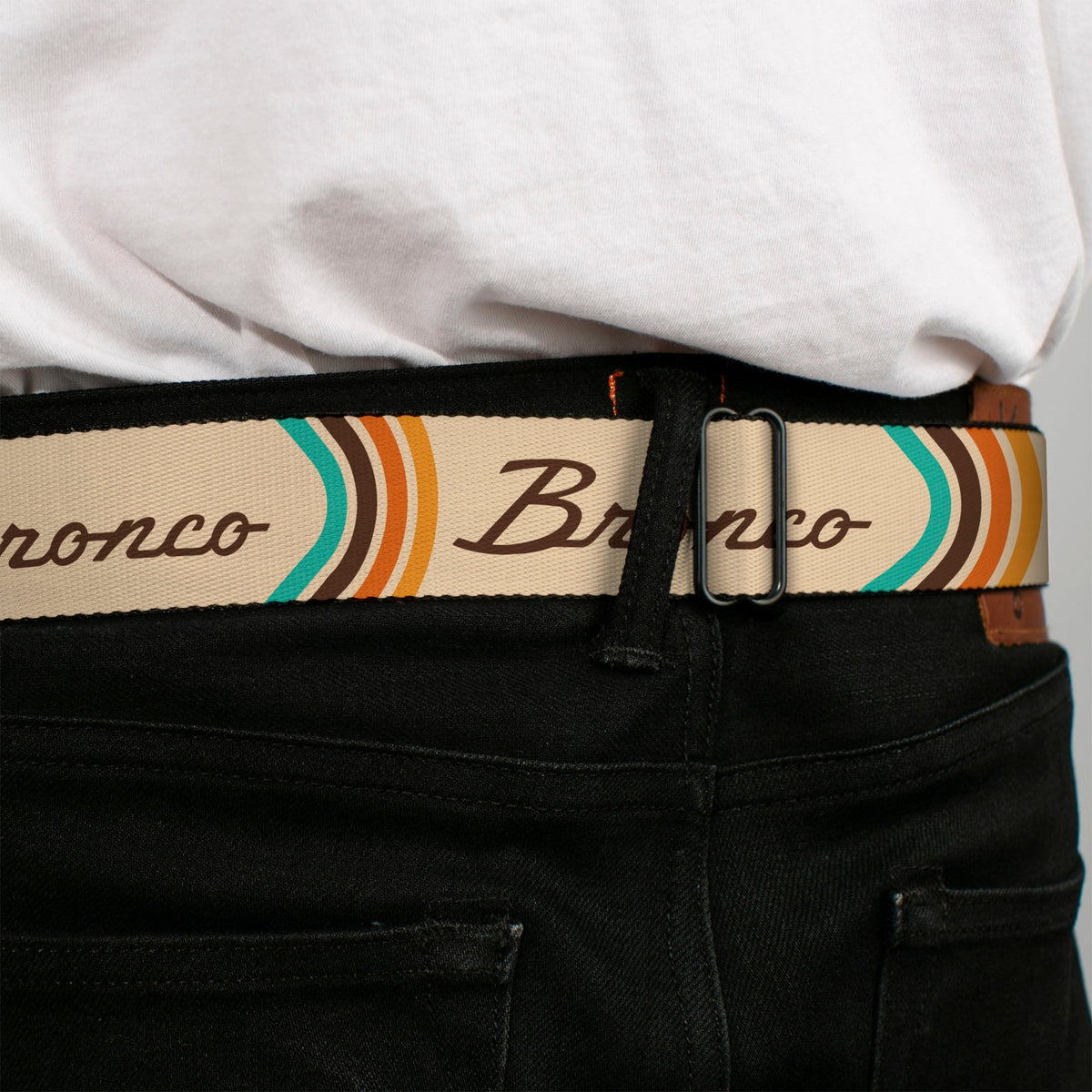 Starburst Seatbelt Belt - Ford BRONCO Script Beige/Brown/Blue/Orange Webbing
