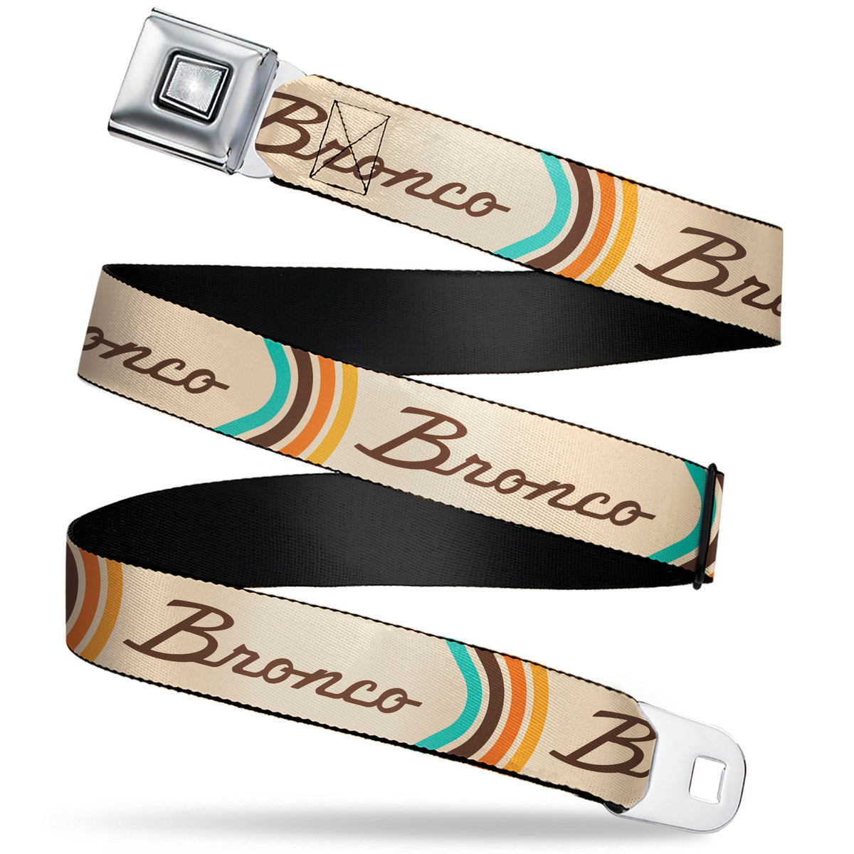 Starburst Seatbelt Belt - Ford BRONCO Script Beige/Brown/Blue/Orange Webbing