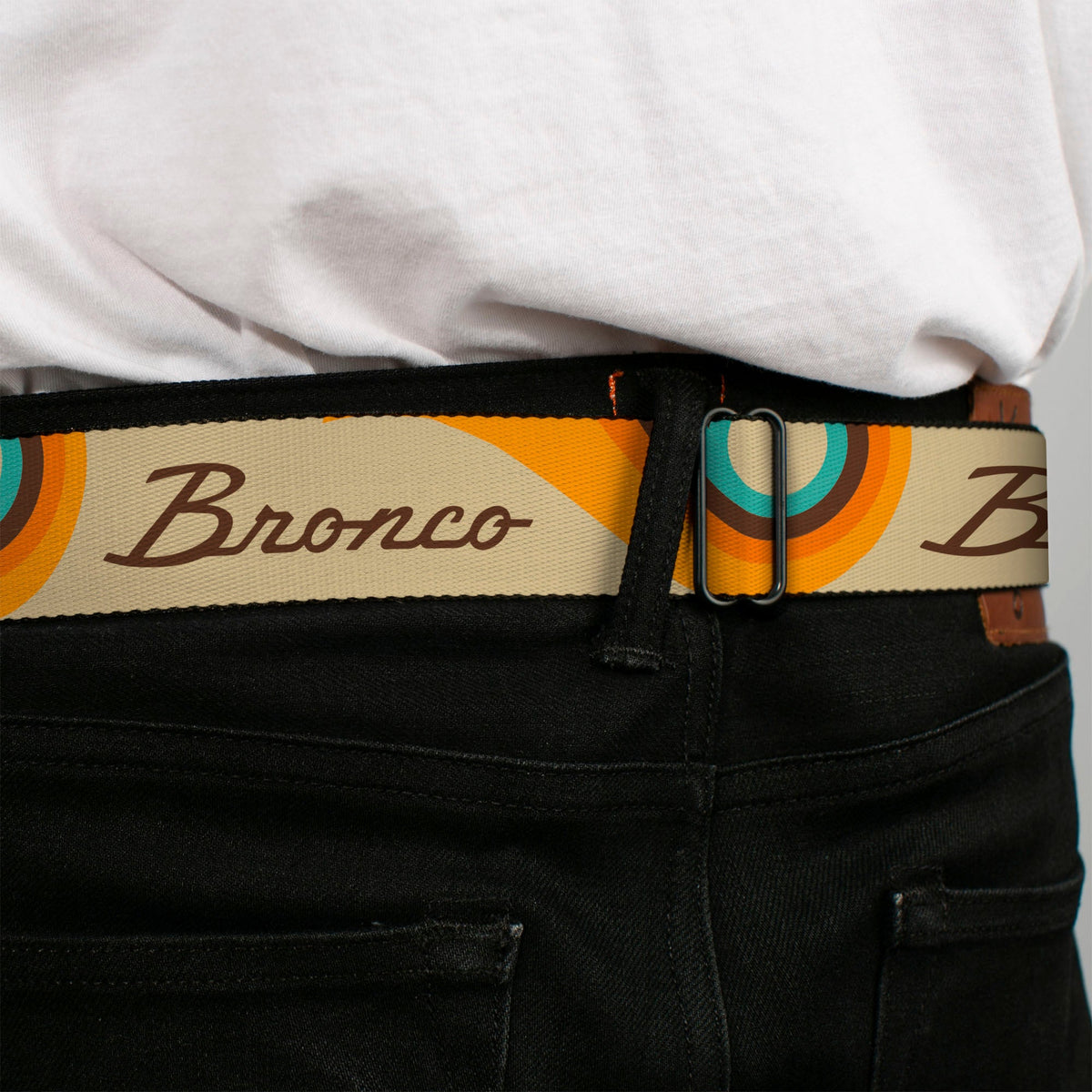Starburst Seatbelt Belt - Ford BRONCO Script Wave Beige/Brown/Blue/Orange Webbing