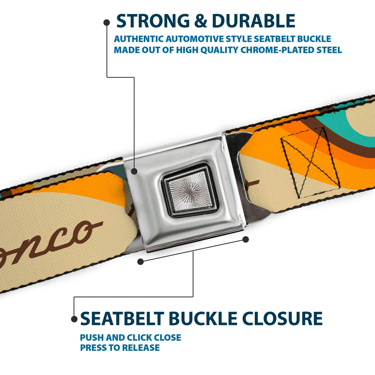 Starburst Seatbelt Belt - Ford BRONCO Script Wave Beige/Brown/Blue/Orange Webbing
