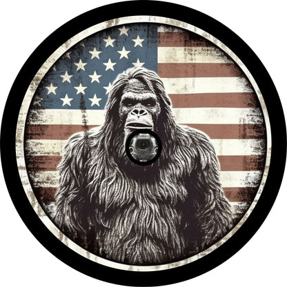 American Flag Bigfoot Portrait - Sasquatch Spare Tire Cover for Bronco, RV, Jeep, Camper, Van - Speedlogix