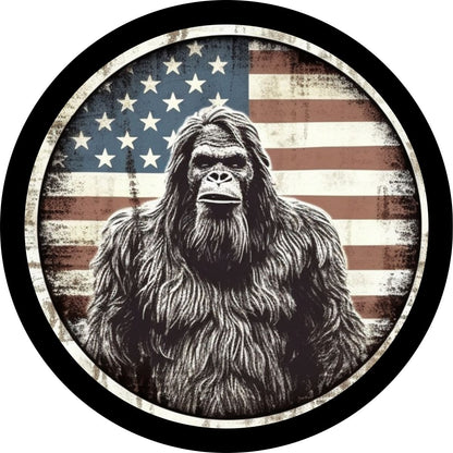 American Flag Bigfoot Portrait - Sasquatch Spare Tire Cover for Bronco, RV, Jeep, Camper, Van - Speedlogix