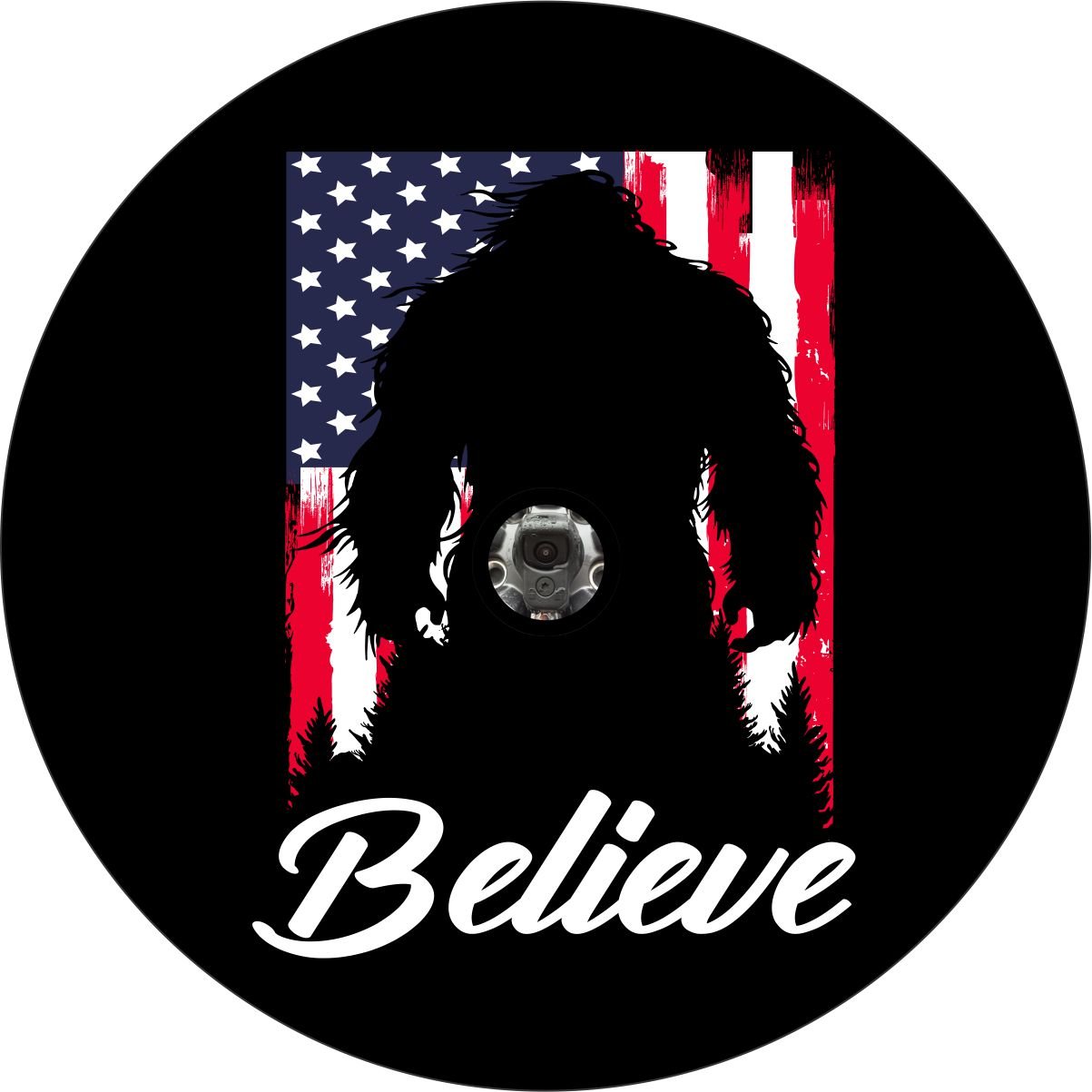 Bigfoot American Flag Believe Sasquatch Spare Tire Cover for Bronco, Jeep, RV, Campers, & More - Speedlogix