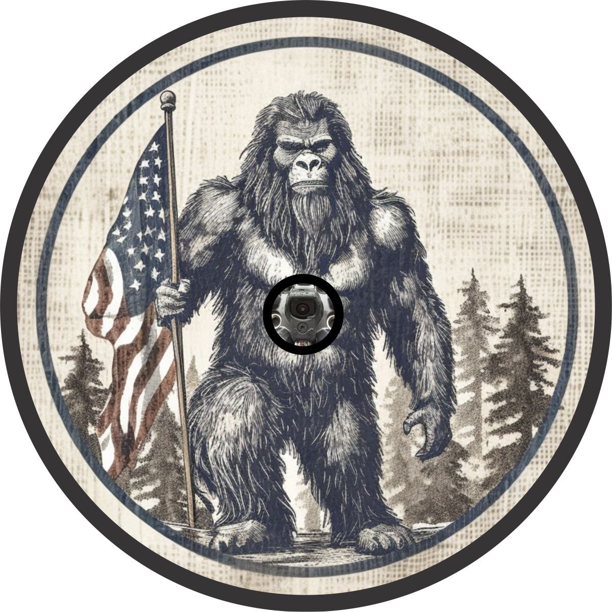 Bigfoot Sasquatch Holding American Flag Bronco Spare Tire Cover - Speedlogix