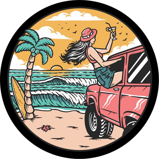 Girl at the Beach in Her Pink Bronco Spare Tire Cover - Speedlogix
