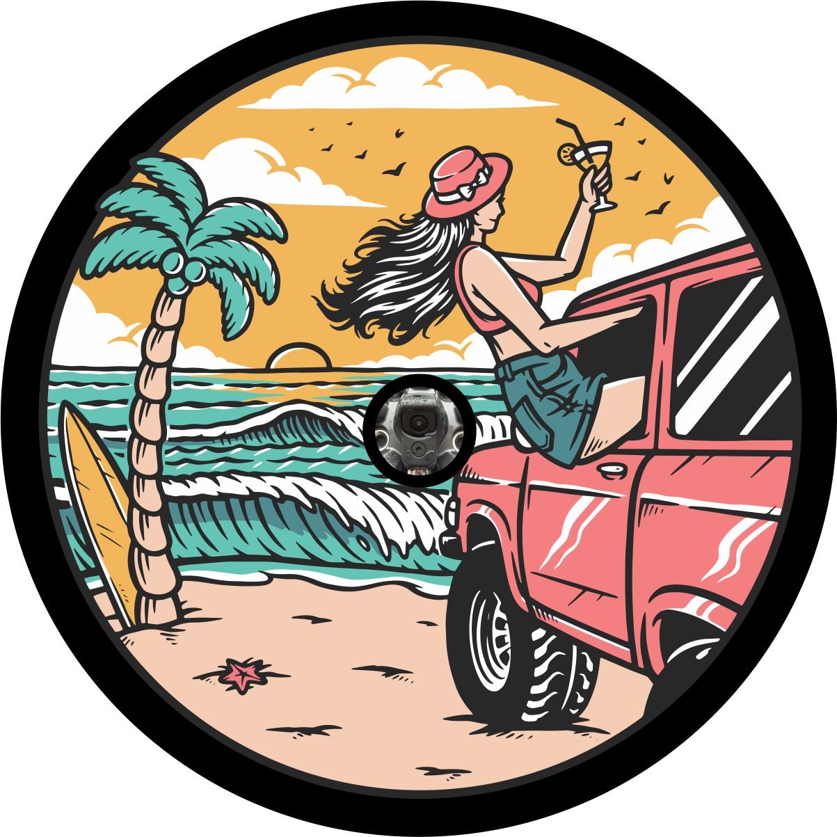 Girl at the Beach in Her Pink Bronco Spare Tire Cover - Speedlogix