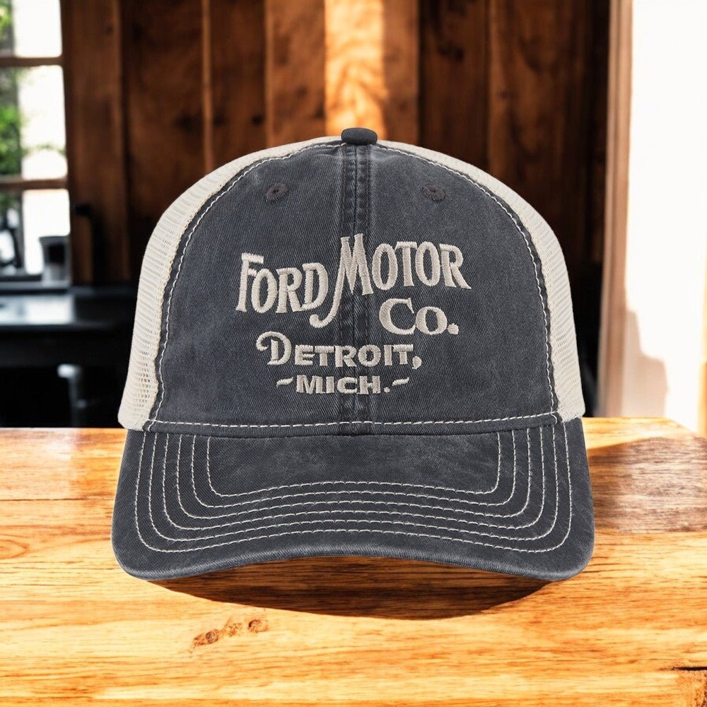 Hat - Ford Vintage Font Low Profile Trucker - Steel Blue/Khaki - Speedlogix