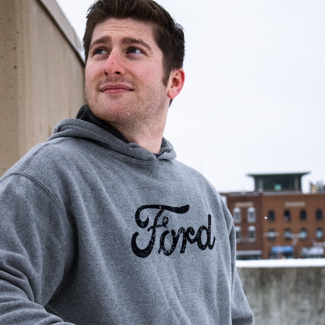 Hoodie - Mens Ford Distressed Text - Heather Grey - Speedlogix