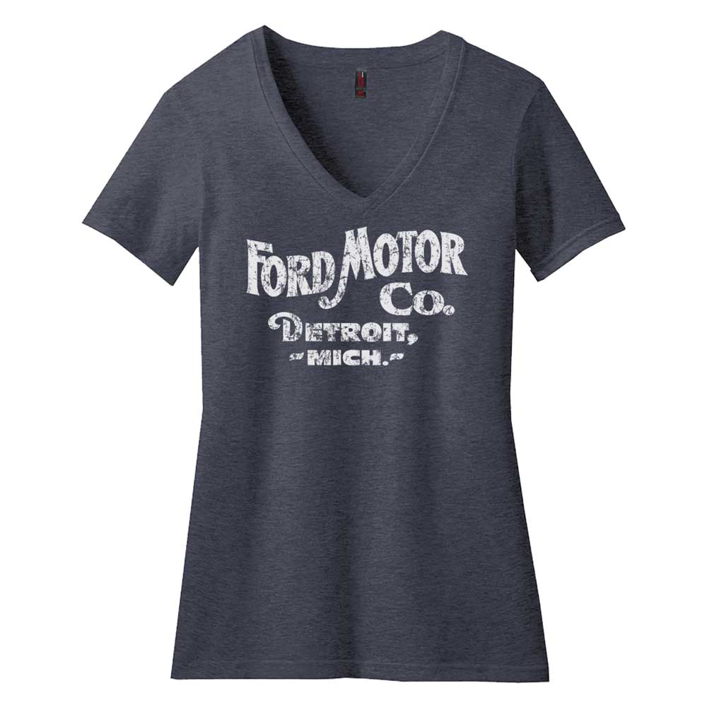 Ladies Ford Distressed 1903 Text V - Neck - Triblend Heather Navy - Speedlogix