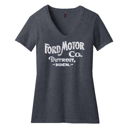 Ladies Ford Distressed 1903 Text V - Neck - Triblend Heather Navy - Speedlogix