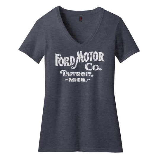Ladies Ford Distressed 1903 Text V - Neck - Triblend Heather Navy - Speedlogix