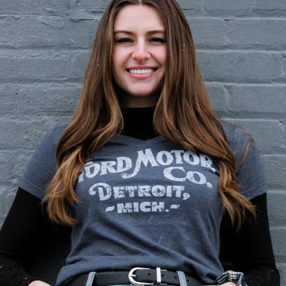 Ladies Ford Distressed 1903 Text V - Neck - Triblend Heather Navy - Speedlogix