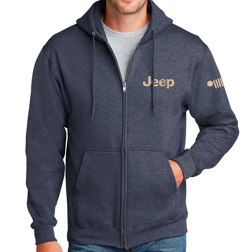 Mens Jeep® Freedom To Roam Zip Hoodie Sweatshirt - Heather Navy Blue - Speedlogix