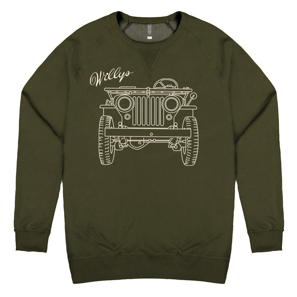 Mens Jeep® Willys MB Line Art Crew Sweatshirt - Military Green - Speedlogix