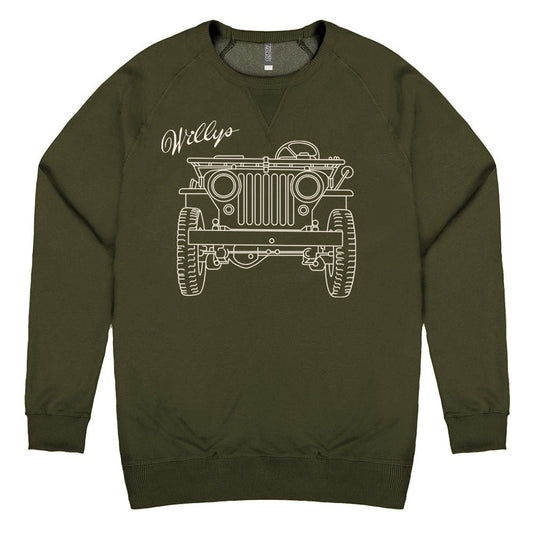 Mens Jeep® Willys MB Line Art Crew Sweatshirt - Military Green - Speedlogix