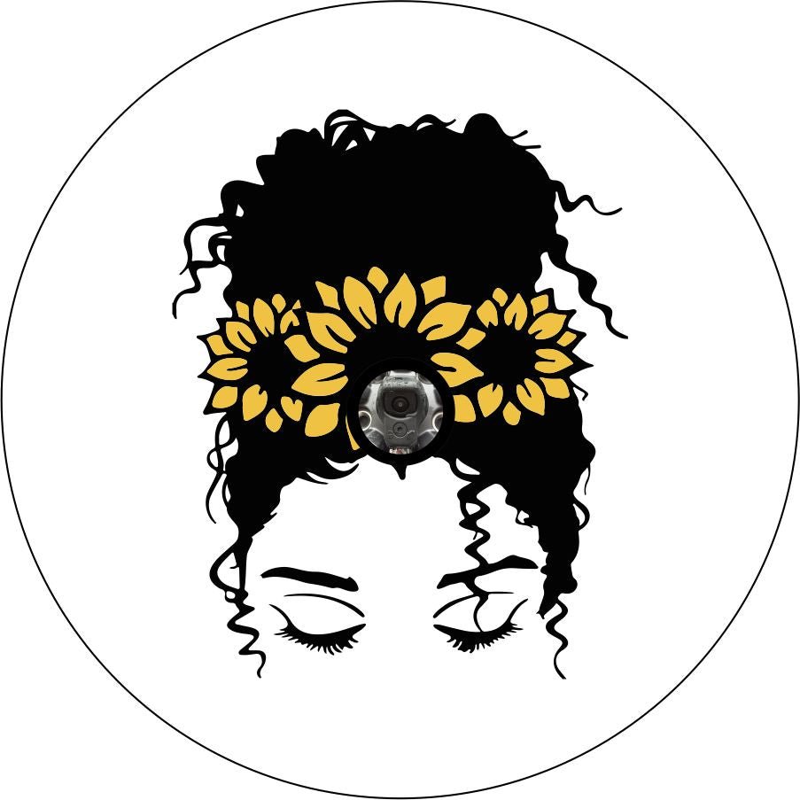 Messy Bun Curly Hair Girl with Sunflower Crown Bronco Spare Tire Cover - Speedlogix