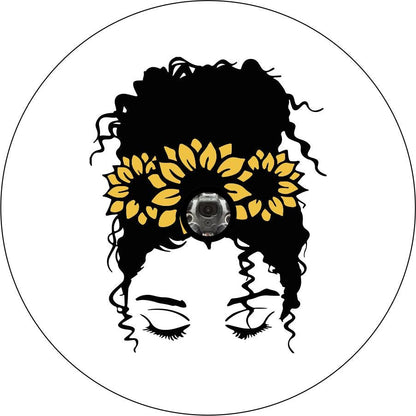 Messy Bun Curly Hair Girl with Sunflower Crown Bronco Spare Tire Cover - Speedlogix