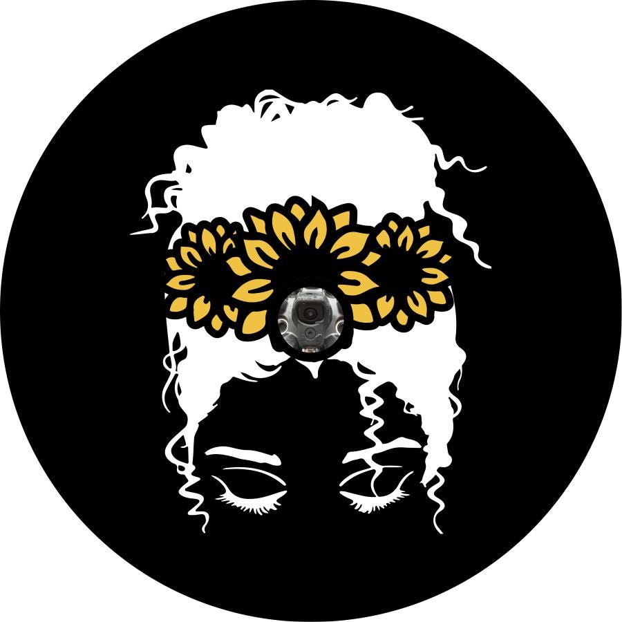 Messy Bun Curly Hair Girl with Sunflower Crown Bronco Spare Tire Cover - Speedlogix