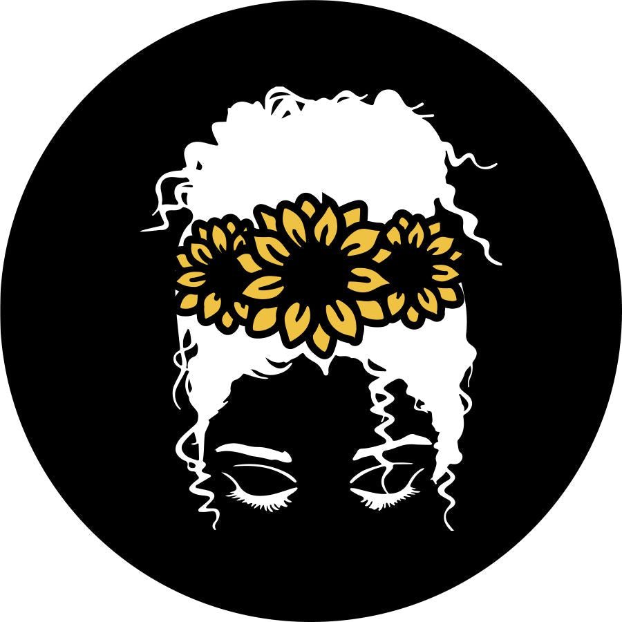 Messy Bun Curly Hair Girl with Sunflower Crown Bronco Spare Tire Cover - Speedlogix