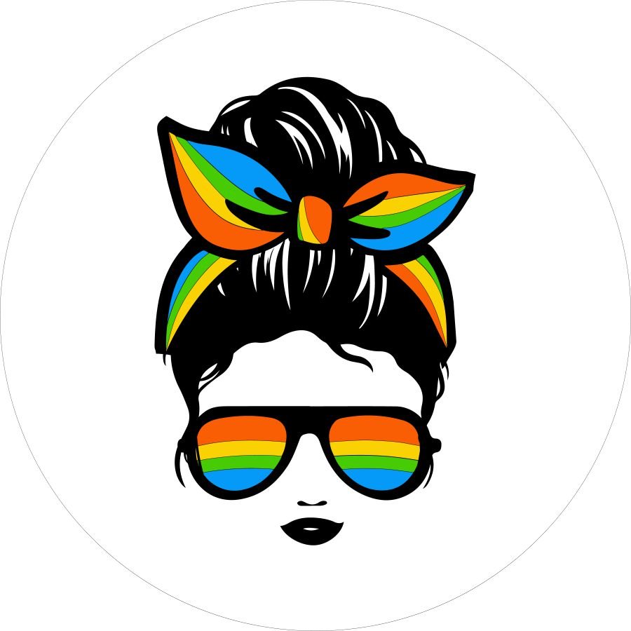 Messy Bun Woman Silhouette With Rainbow Bandana and Sunglasses Bronco Spare Tire Cover - Speedlogix