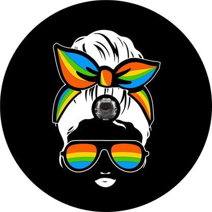 Messy Bun Woman Silhouette With Rainbow Bandana and Sunglasses Bronco Spare Tire Cover - Speedlogix