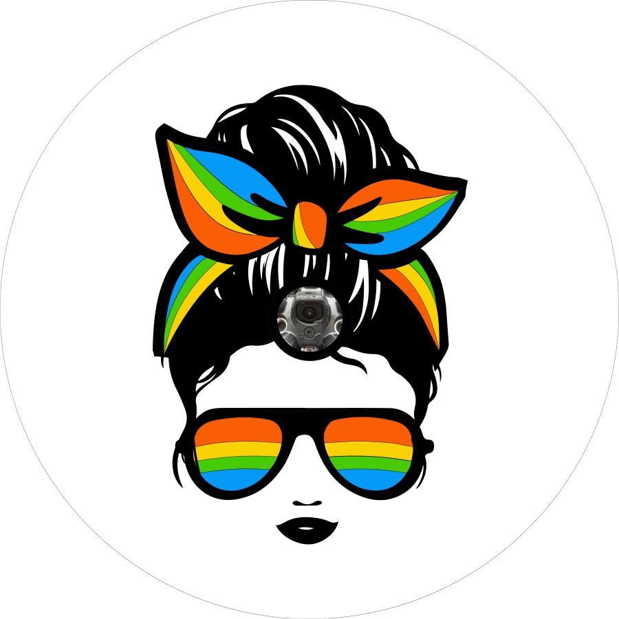 Messy Bun Woman Silhouette With Rainbow Bandana and Sunglasses Bronco Spare Tire Cover - Speedlogix