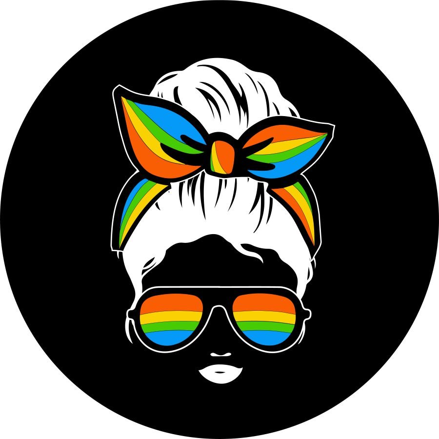 Messy Bun Woman Silhouette With Rainbow Bandana and Sunglasses Bronco Spare Tire Cover - Speedlogix