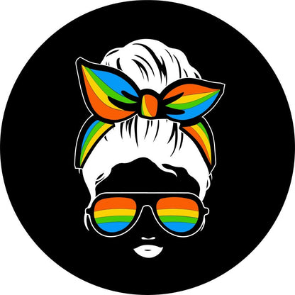 Messy Bun Woman Silhouette With Rainbow Bandana and Sunglasses Bronco Spare Tire Cover - Speedlogix