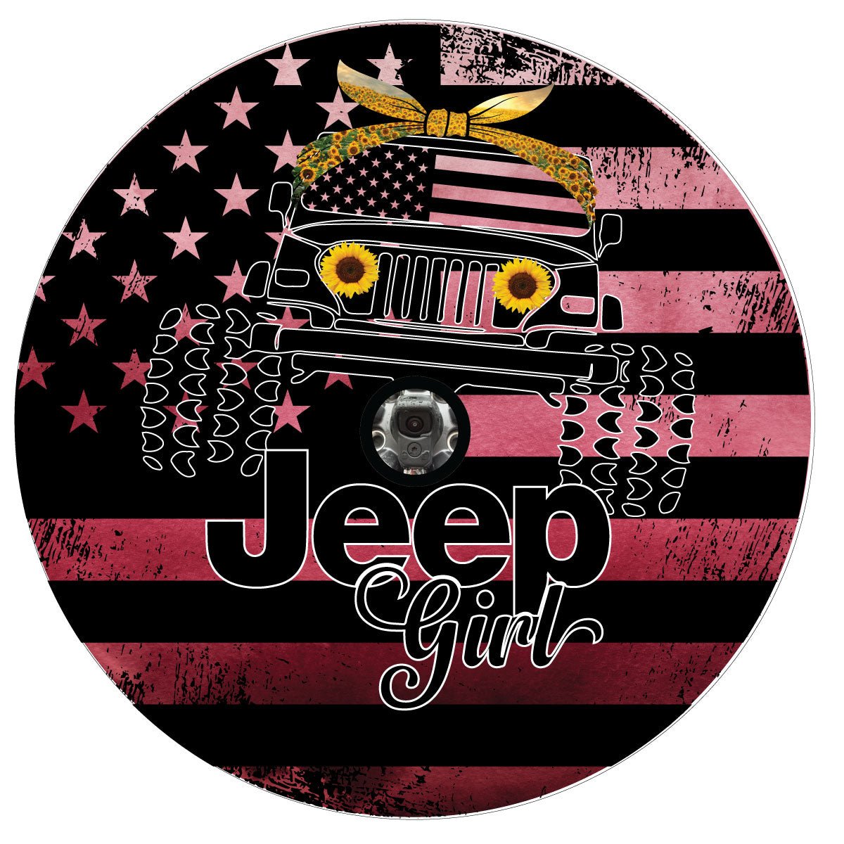 Ombre Pink Jeep Girl Sunflower & American Flag Bronco Spare Tire Cover - Speedlogix