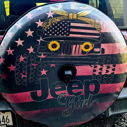 Ombre Pink Jeep Girl Sunflower & American Flag Bronco Spare Tire Cover - Speedlogix