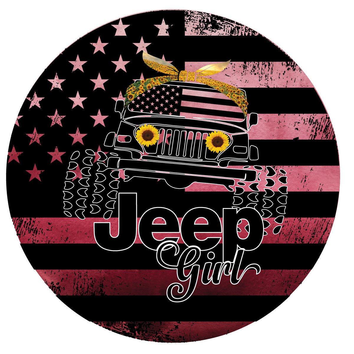 Ombre Pink Jeep Girl Sunflower & American Flag Bronco Spare Tire Cover - Speedlogix